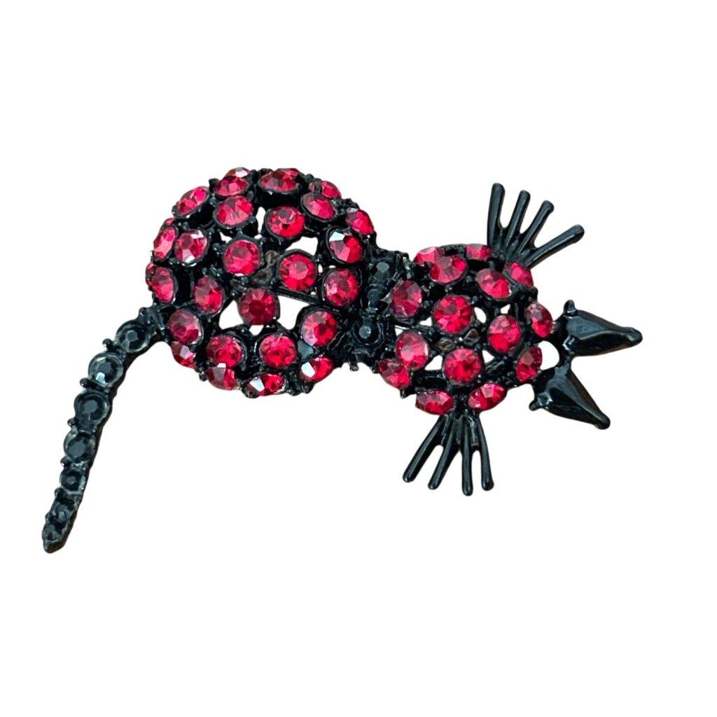 Vintage Red Crystal Black Metal Cat Brooch Pin Unique Statement Accessory